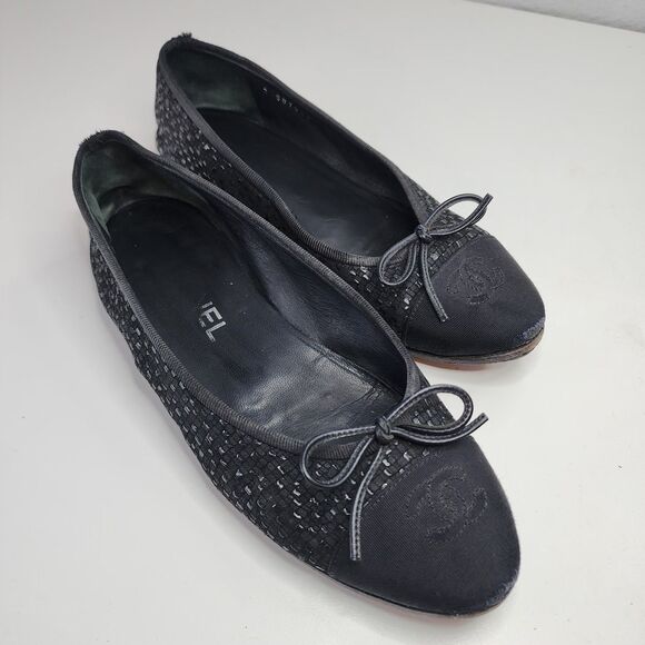Chanel Glitter Tweed Ballet Flats Black Grosgrain Cap Toe Bow 37 Made in Italy - Picture 5 of 16
